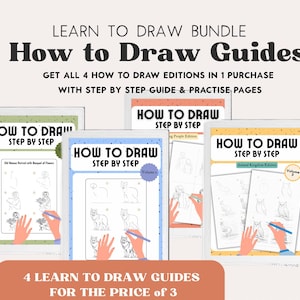 Op de afbeelding: Een bundel van vier "How to Draw" gidsen met stapsgewijze instructies. De covers zijn wit met kleurrijke randen en bevatten illustraties en de tekst "How to Draw Step by Step". De bundel bevat gidsen over het tekenen van mensen en dieren.