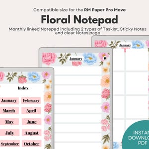 Pode incluir: Bloco de notas floral para RM Paper Pro Move, com um design floral. O bloco de notas inclui um índice, páginas mensais vinculadas, notas adesivas e uma página de notas em branco. O design incorpora flores rosa, azuis e pêssego.
