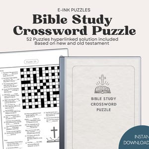 May include: An image of a Bible Study Crossword Puzzle. The title is in bold, dark text. The image includes a crossword puzzle on a tablet and a book with a cross and open book graphic. Text includes "52 Puzzles hyperlinked solution included" and "Instant Download PDF."