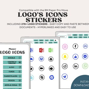 May include: Digital planner logo stickers for the RM Paper Pro Move, including 278+ logo stickers. The stickers are easy to copy and paste between documents and are hyperlinked. The image shows various social media and app icons.