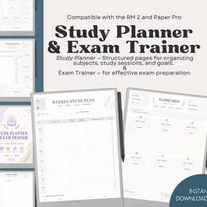 Puede incluir: Planificador de estudio digital y entrenador de exámenes con páginas estructuradas para organizar asignaturas, sesiones de estudio y objetivos. La imagen muestra un plan de estudio semanal y tarjetas didácticas. El texto dice "Study Planner & Exam Trainer".