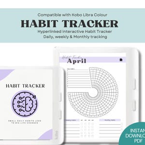 Puede incluir: Dos lectores electrónicos blancos que muestran un rastreador de hábitos. El primero muestra un gráfico circular para los hábitos diarios, mientras que el segundo presenta un gráfico de cerebro con las palabras "Habit Tracker". El texto incluye "Compatible con Kobo Libra Colour" y "Instant Download PDF".