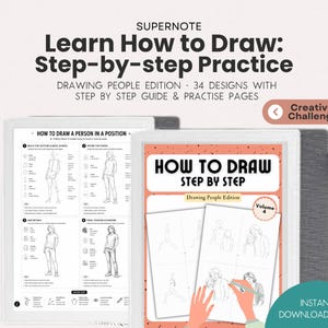Peut inclure: Un guide de dessin numérique intitulé "Learn How to Draw: Step-by-step Practice". La couverture affiche "How to Draw Step by Step" et des illustrations de personnes. Le guide propose des instructions étape par étape et des pages d'exercices.