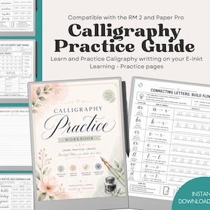 May include: A calligraphy practice guide and workbook with the text "Calligraphy Practice Guide" and "Calligraphy Practice Workbook". The guide is compatible with the RM 2 and Paper Pro. The workbook includes practice pages for learning and creating calligraphy.