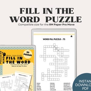 Op de afbeelding: Digitaal woordpuzzelboek met de tekst "FILL IN THE WORD PUZZLE" en "WORD FILL PUZZLE - 75". De afbeelding toont een tablet met een kruiswoordpuzzel en een stapel gedrukte puzzels. Het product is compatibel met de RM Paper Pro Move.