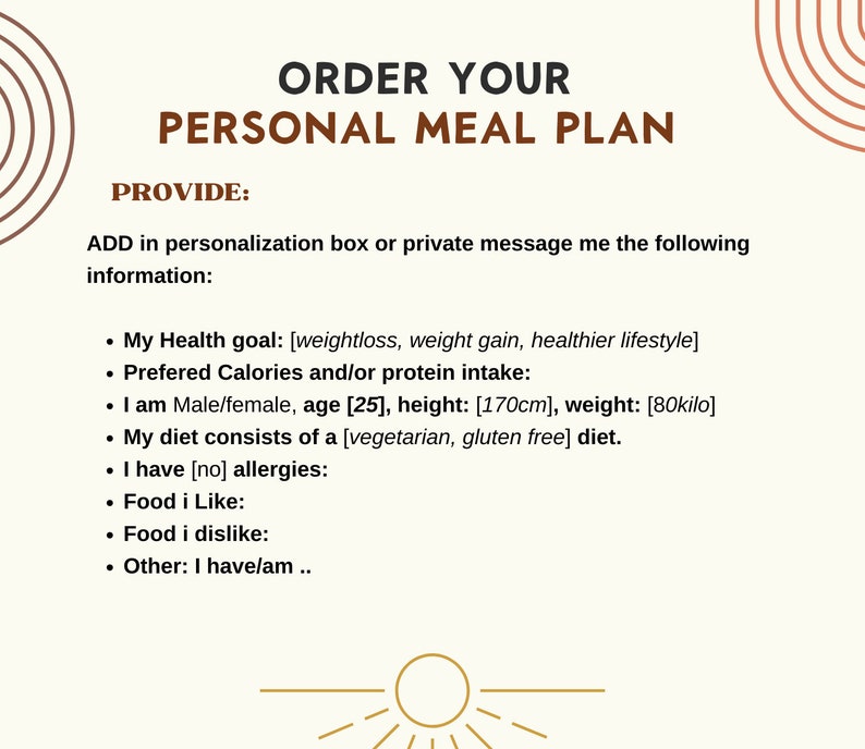 information about the personalized 4-week meal plan, What information to provide