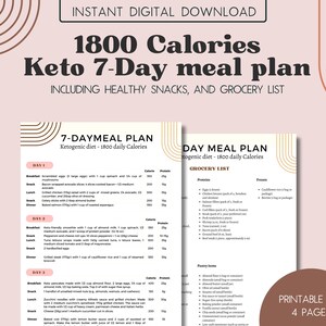 May include: A printable PDF document with a 7-day keto meal plan for 1800 calories. The document includes a grocery list and a daily meal plan with breakfast, lunch, snack, and dinner options. The document is designed with a modern aesthetic and features a brown and white color scheme.