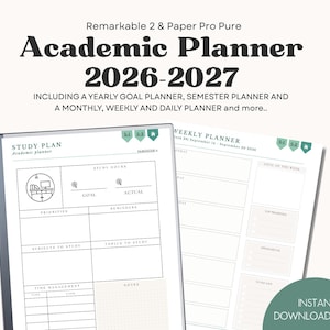 May include: An academic planner for Remarkable 2 and Paper Pro Pure 2026-2027, including yearly, semester, monthly, weekly, and daily layouts. The digital pages feature study plans, goal tracking, and schedules with green tab accents and text.
