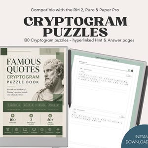May include: A digital tablet displaying a Famous Quotes Cryptogram Puzzle Book with a bust of a philosopher on the cover. The screen shows 100 puzzles, 3 difficulty levels, and 50 plus great thinkers. A second tablet shows a puzzle page with text.
