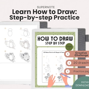 Op de afbeelding: Een digitale kunsttutorial getiteld "Learn How to Draw: Step-by-step Practice" met uilen- en portretillustraties. De cover leest "How to Draw Step by Step" met een "Creative Challenge" en "20 tekeningen". Een direct downloadbare PDF.