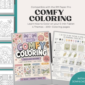 May include: Digital coloring book titled "Comfy Coloring" for the RM Paper Pro e-ink tablet. The cover features a colorful design with donuts, bows, and flowers. Includes 4 cozy themes and 200+ coloring pages. Also includes tips for adding texture.