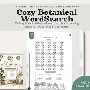 Peut inclure: Un livre de mots mêlés numérique pour liseuses Kobo Libra et Libra Color. L'écran affiche une grille intitulée The Cozy Plant Shelf avec une liste de mots botaniques à trouver, tandis que la couverture présente des illustrations de plantes.