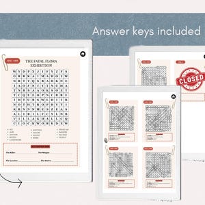 K&ouml;nnte beinhalten: Eine Sammlung von ausdruckbaren Mystery-Wortsuchspielbl&auml;ttern mit hellrosa Hintergrund. Die Bl&auml;tter enthalten Buchstabenraster, Wortsuchlisten und ein Beschuldigungsfeld zur Notierung von T&auml;ter, Waffe, Ort und Motiv. Der Text lautet Answer keys included.