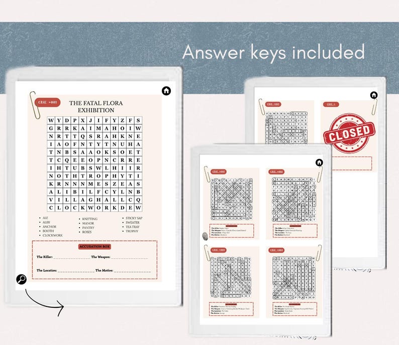 K&ouml;nnte beinhalten: Eine Sammlung von ausdruckbaren Mystery-Wortsuchspielbl&auml;ttern mit hellrosa Hintergrund. Die Bl&auml;tter enthalten Buchstabenraster, Wortsuchlisten und ein Beschuldigungsfeld zur Notierung von T&auml;ter, Waffe, Ort und Motiv. Der Text lautet Answer keys included.