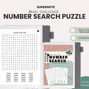 以下が含まれることがあります： デジタルナンバーサーチパズル。画像には、数字のグリッドが表示されたタブレットと、「Number Search」というタイトルと「50 Puzzles」というテキストが書かれた本が写っています。「Solutions Included」と「Hyperlinked」というテキストも表示されています。