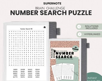 Op de afbeelding: Digitale puzzel met getallenzoekopdrachten voor de hersenen. De afbeelding toont een tablet met een getallenraster en een boek met de titel "Number Search" en de tekst "50 Puzzles". De tekst "Solutions Included" en "Hyperlinked" zijn ook zichtbaar.