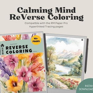 Könnte beinhalten: Digitaler Download eines Reverse-Malbuchs mit dem Titel "Calming Mind Reverse Coloring". Das Cover zeigt ein Blumendesign mit rosa, gelben und lila Blumen. Kompatibel mit dem RM Paper Pro und mit über 40 Seiten.