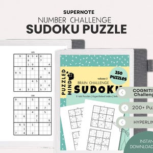 以下が含まれることがあります： 「SUPERNOTE NUMBER CHALLENGE SUDOKU PUZZLE」というテキストが入ったデジタル数独パズルブック。数独グリッドと「250 Puzzles」というテキストが入った白い表紙が特徴です。「Cognitive Challenge」と「Instant Download PDF」というテキストも含まれています。