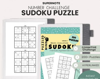 May include: A digital Sudoku puzzle book with the text "SUPERNOTE NUMBER CHALLENGE SUDOKU PUZZLE." The book features a white cover with Sudoku grids and the text "250 Puzzles." Additional text includes "Cognitive Challenge" and "Instant Download PDF."
