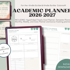 Peut inclure: Un planificateur académique numérique 2026-2027 pour Kindle Scribe et Kindle Scribe Colorsoft. L'ensemble comprend plus de 50 modèles, 2 couvertures et propose des pages de plan d'étude, de planification hebdomadaire et de suivi des objectifs.