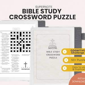 Op de afbeelding: Een Supernote Bijbelstudie Kruiswoordpuzzel. De afbeelding toont een digitale tablet met een kruiswoordpuzzel en de woorden "Bible Study Crossword Puzzle". De afbeelding bevat ook de tekst "Cognitive Challenge", "50+ Puzzles" en "Easy to use & Duplicate".