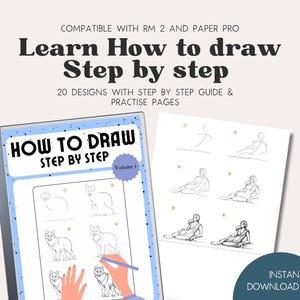 May include: A digital drawing guide titled "How to Draw Step by Step, Volume 1." The cover features a blue frame with drawing examples of a wolf. The guide includes step-by-step instructions and practice pages. The text reads "Learn How to draw Step by step."