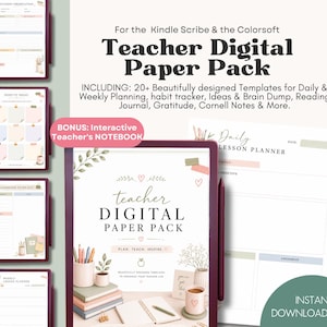 May include: A digital paper pack for Kindle Scribe and Colorsoft featuring over 20 templates including daily and weekly planners, habit trackers, brain dump pages, reading journals, gratitude logs, and Cornell notes, plus an interactive notebook.