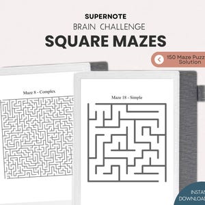 Puede incluir: Dos tabletas digitales blancas que muestran laberintos cuadrados. El texto en las tabletas dice "Maze 8 - Complex" y "Maze 18 - Simple". La parte superior de la imagen dice "SUPERNOTE BRAIN CHALLENGE SQUARE MAZES". La imagen también incluye el texto "150 Maze Puzzle & Solution" y "INSTANT DOWNLOAD PDF".