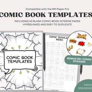 Könnte beinhalten: Digitale Comic-Vorlagen mit 40 leeren Innenseiten, verlinkt und einfach zu duplizieren. Enthält Bonus-Comic-Aufkleber. Das Cover zeigt den Text "COMIC BOOK TEMPLATES" in einer Sprechblase.