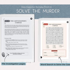 K&ouml;nnte beinhalten: Zwei digitale Seiten mit der &Uuml;berschrift Help Inspector Barnaby Finch to SOLVE THE MURDER. Die linke Seite enth&auml;lt eine Fallakte mit dem Titel The Cartographer's Compass und Alibis. Die rechte Seite zeigt ein Wortsuchr&auml;tsel und ein Formular.