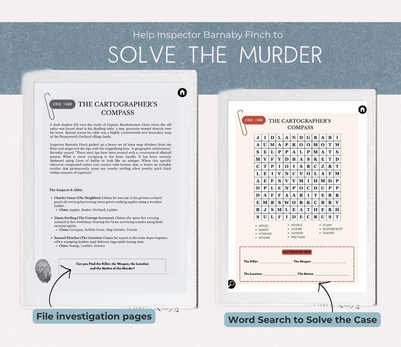 K&ouml;nnte beinhalten: Zwei digitale Seiten mit der &Uuml;berschrift Help Inspector Barnaby Finch to SOLVE THE MURDER. Die linke Seite enth&auml;lt eine Fallakte mit dem Titel The Cartographer's Compass und Alibis. Die rechte Seite zeigt ein Wortsuchr&auml;tsel und ein Formular.
