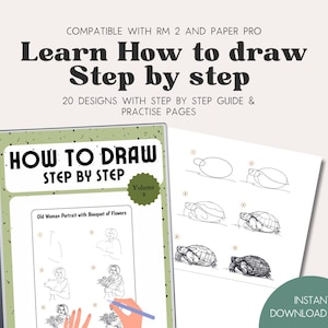 May include: A digital drawing guide titled "How to Draw Step by Step" with the text "Learn How to Draw Step by Step". The guide includes step-by-step instructions for drawing various subjects, including an old woman portrait. The image also includes the text "Instant Download PDF".