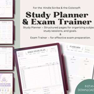 May include: A digital study planner and exam trainer for Kindle Scribe and Colorsoft. The image shows a tablet with a daily study plan, flashcards, and other planner pages. Text includes "Study Planner & Exam Trainer" and "Instant Download PDF."