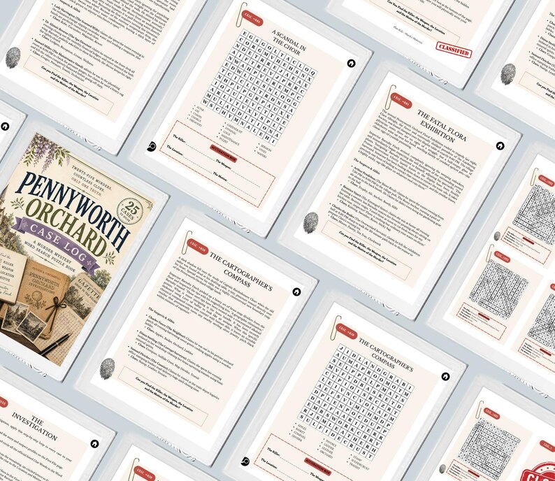 K&ouml;nnte beinhalten: Eine Sammlung von Seiten aus dem Pennyworth Orchard Case Log Krimi-Wortsuchr&auml;tselbuch, mit Fallakten wie A Scandal in the Choir und The Cartographer's Compass, inklusive Suchr&auml;tselgittern, Verd&auml;chtigenlisten und Hinweisen.