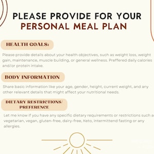 information about the personalized 4-week meal plan, What information to provide