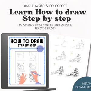 Puede incluir: Una tableta digital muestra una guía "Cómo dibujar paso a paso" con ilustraciones de perros. La imagen incluye el texto "Learn How to Draw Step by Step" y "Instant Download PDF". La guía ofrece instrucciones de dibujo paso a paso.