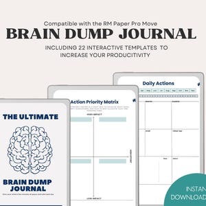 Pode incluir: Um diário digital Brain Dump com modelos interativos. A capa apresenta um gráfico de cérebro azul e o texto "The Ultimate Brain Dump Journal". Inclui modelos para planejamento de ações e ações diárias. O diário está disponível como download instantâneo em PDF.