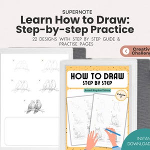 Può includere: Una guida di disegno digitale intitolata "Learn How to Draw: Step-by-step Practice" con il testo "22 Designs with Step by Step Guide & Practise Pages". La guida include disegni di animali e il testo "How to Draw Step by Step". L'immagine include anche il testo "Instant Download PDF".