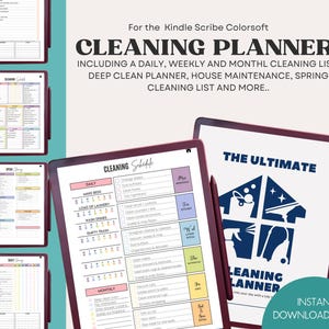 May include: Digital cleaning planner for the Kindle Scribe Colorsoft. The image shows a digital planner with daily, weekly, and monthly cleaning lists. The planner includes a deep clean planner, house maintenance, and spring cleaning list. The text says "Instant Download PDF."