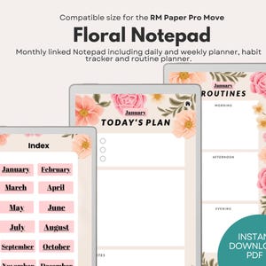 Pode incluir: Bloco de notas floral para RM Paper Pro Move, com um bloco de notas mensal ligado que inclui planejadores diários e semanais, um rastreador de hábitos e um planejador de rotina. O design inclui detalhes florais e um esquema de cores rosa e pêssego.