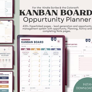 May include: A digital Kanban Board Opportunity Planner for Kindle Scribe and Colorsoft featuring 420+ hyperlinked pages. The layout includes sections for opportunities, planning, activity, and notes with a clean, organized interface for management.