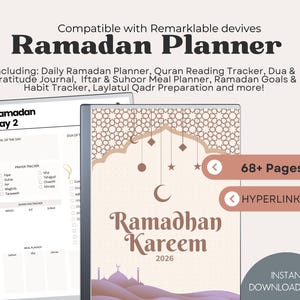 Könnte beinhalten: Ein digitaler Ramadan-Planer mit cremefarbenem und lila Umschlag, mit dem Text "Ramadhan Kareem 2026". Der Planer enthält Abschnitte für die Tagesplanung, das Lesen des Korans, Dua, Dankbarkeit, Essensplanung und Gewohnheitsverfolgung.