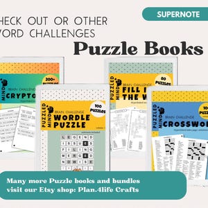 K&ouml;nnte beinhalten: Vier digitale R&auml;tselb&uuml;cher mit dem Titel Puzzled Mind Brain Challenge, darunter Cryptogram, Wordle Puzzle, Fill In The Words und Crossword. Jedes Cover zeigt die R&auml;tselart, die Anzahl der R&auml;tsel und Beispielseiten mit Gittern und Wortlisten.