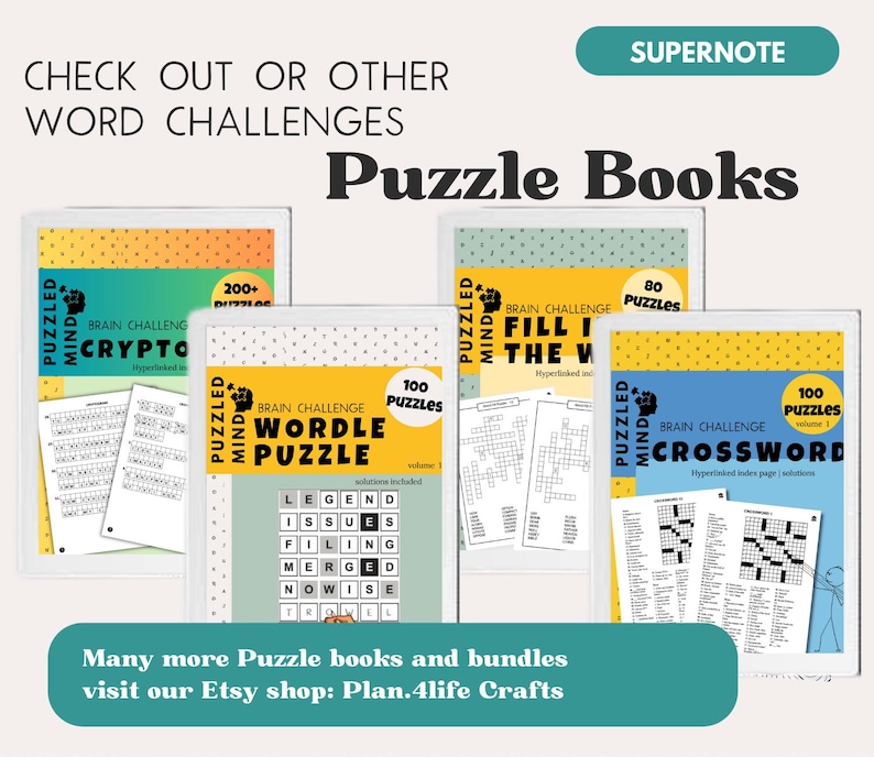 K&ouml;nnte beinhalten: Vier digitale R&auml;tselb&uuml;cher mit dem Titel Puzzled Mind Brain Challenge, darunter Cryptogram, Wordle Puzzle, Fill In The Words und Crossword. Jedes Cover zeigt die R&auml;tselart, die Anzahl der R&auml;tsel und Beispielseiten mit Gittern und Wortlisten.