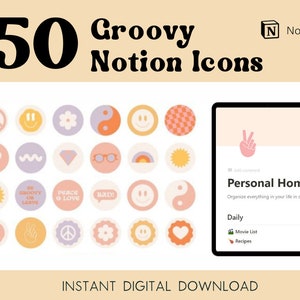 Groovy Notion Icons Notion Template Icons Groovy planner stickers Retro digital icons Aesthetic Notion Retro 70&#39;s-inspired Notion dashboard