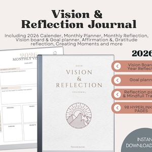 May include: A Vision & Reflection Journal for 2026. The cover features the text "Vision & Reflection Journal" with a mountain and sun design. Includes a calendar, monthly planner, vision board, goal planner, and reflection pages. The journal is an instant download PDF.