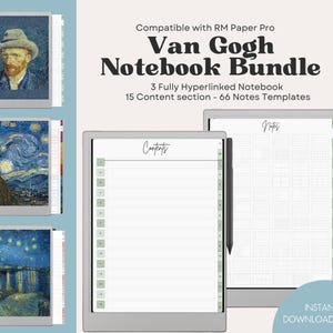 May include: A digital notebook bundle featuring Van Gogh artwork. The image shows three notebooks with famous paintings, and two digital tablets with the words "Contents" and "Notes". The text reads "Van Gogh Notebook Bundle".