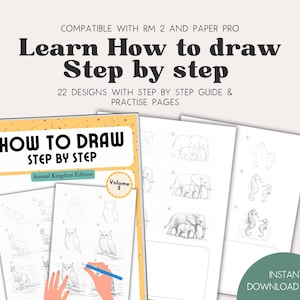 Op de afbeelding: Een boek getiteld "How to Draw Step by Step" met de ondertitel "Animal Kingdom Edition" en "Volume 3". Het boek bevat stapsgewijze tekenhandleidingen voor verschillende dieren. De tekst "Instant Download PDF" is ook aanwezig.