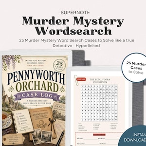 Puede incluir: Un libro digital de sopas de letras Supernote Murder Mystery con 25 casos. La portada muestra el título Pennyworth Orchard Case Log con ilustraciones vintage. Una segunda pantalla muestra una cuadrícula titulada The Fatal Flora Exhibition.