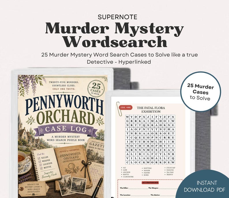 K&ouml;nnte beinhalten: Ein digitales Supernote Murder Mystery Wortsuchr&auml;tsel-Buch mit 25 F&auml;llen. Das Cover zeigt den Titel Pennyworth Orchard Case Log mit Vintage-Illustrationen. Ein zweiter Bildschirm zeigt ein Wortsuchgitter mit dem Titel The Fatal Flora Exhibition.